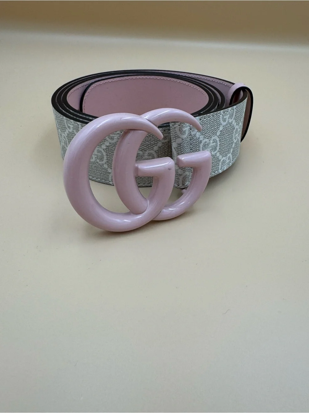 Gucci GG Marmont Pink Double G Belt Beige GG Supreme Canvas Pink Leather  110